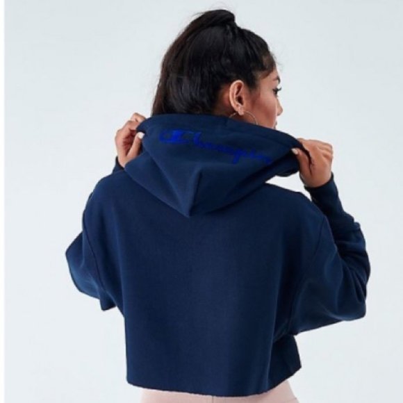 EUC Champion Cropped Navy Blue Script Hoodie XS - Picture 3 of 8